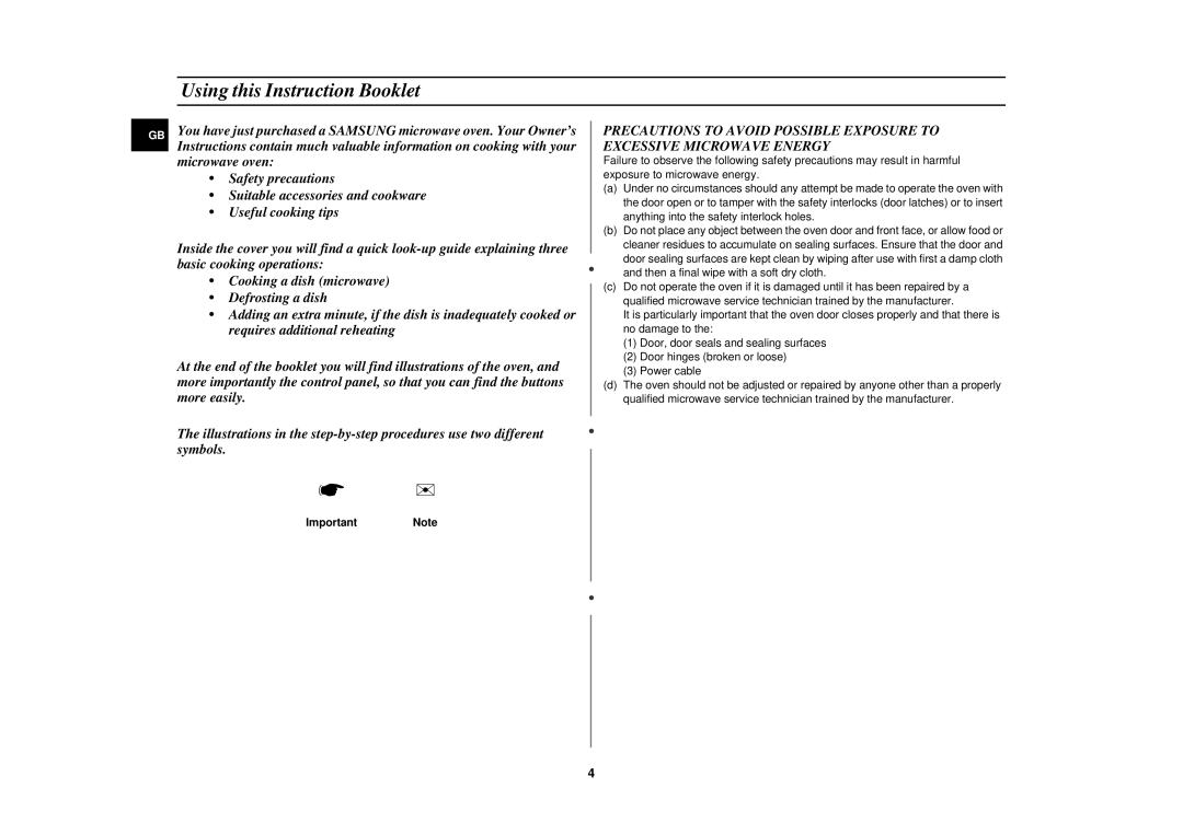 Samsung C101F, C100B, C101B, C101T, C100F, C100T technical specifications Using this Instruction Booklet, ImportantNote 