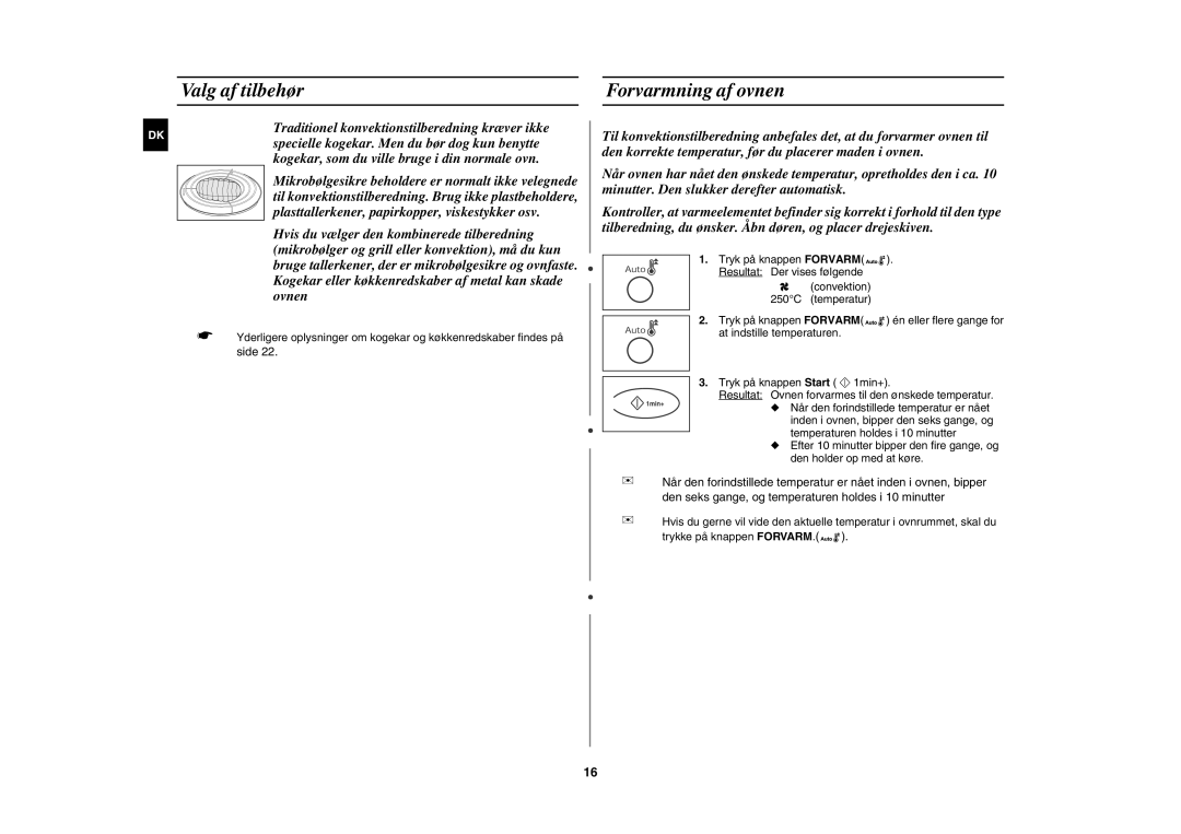 Samsung C100C/XEE, C100C-5S/XEE, C100C-5/XEE manual Valg af tilbehør Forvarmning af ovnen 