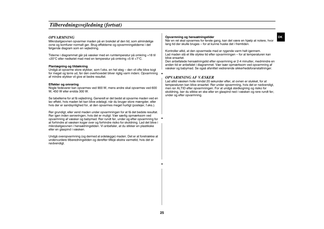 Samsung C100C/XEE, C100C-5S/XEE, C100C-5/XEE manual Opvarmning AF Væsker, Planlægning og tildækning, Effekter og omrøring 