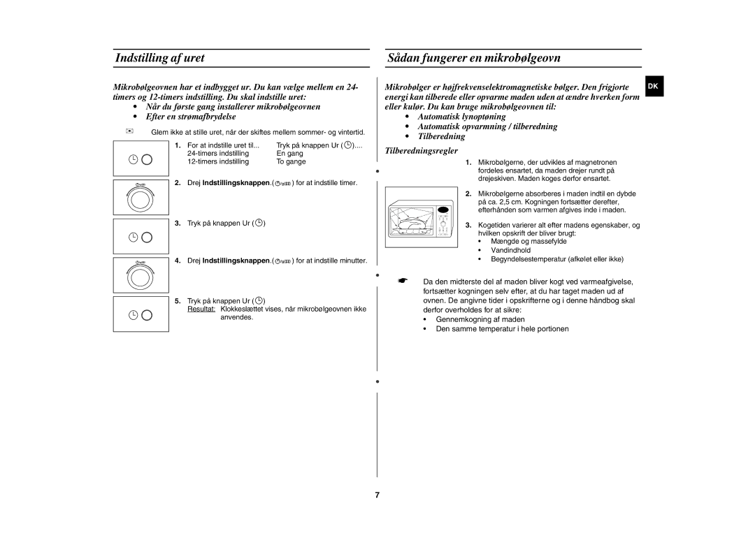 Samsung C100C/XEE, C100C-5S/XEE, C100C-5/XEE manual Indstilling af uret Sådan fungerer en mikrobølgeovn 