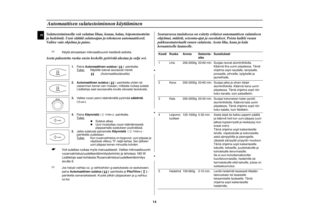 Samsung C100C-5/XEE, C100C-5S/XEE manual Automaattisen sulatustoiminnon käyttäminen, Paina Automaattinen sulatus -painiketta 