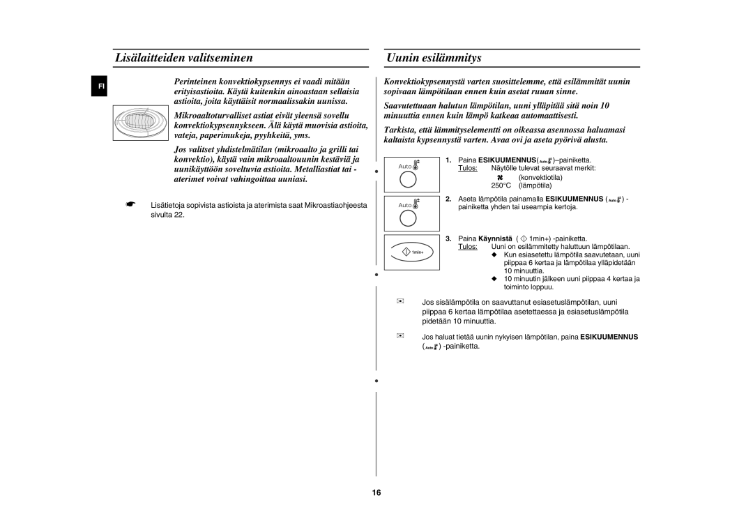 Samsung C100C/XEE, C100C-5S/XEE, C100C-5/XEE manual Lisälaitteiden valitseminen Uunin esilämmitys 