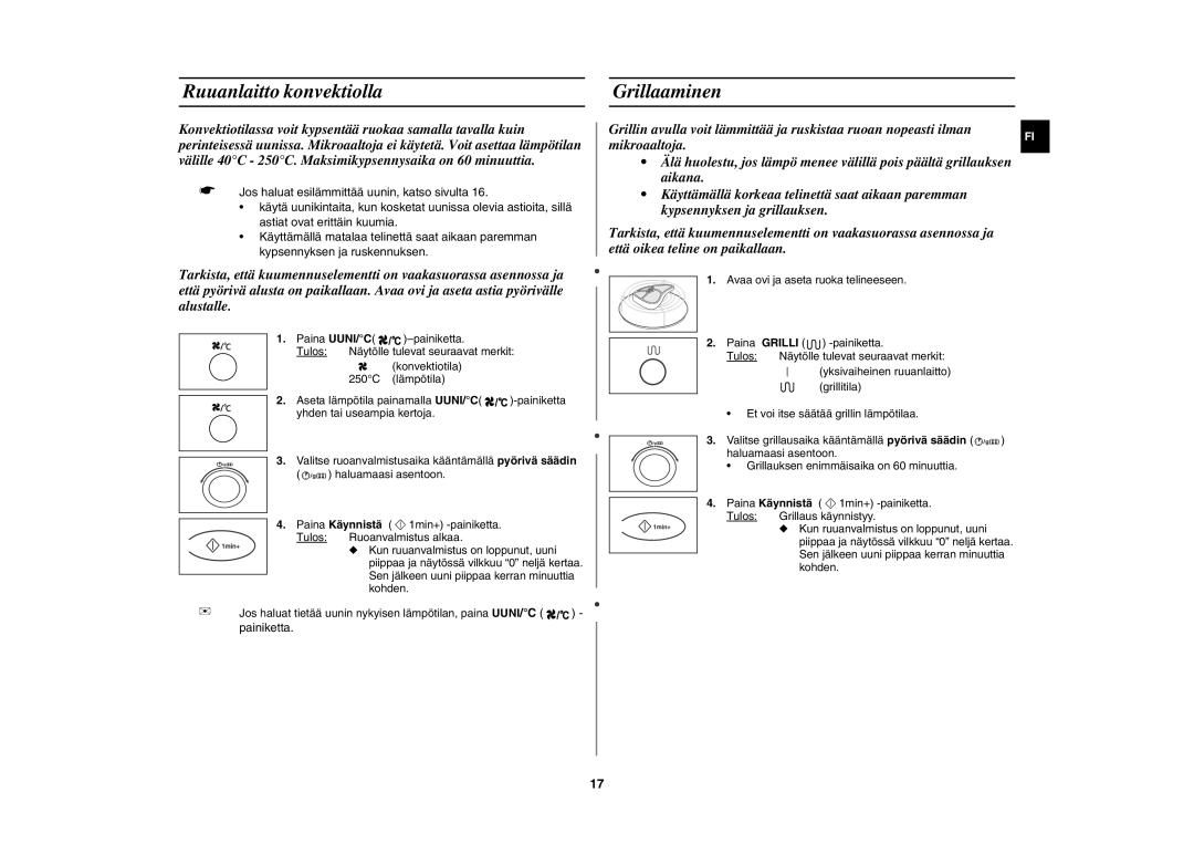 Samsung C100C-5/XEE, C100C-5S/XEE, C100C/XEE manual Ruuanlaitto konvektiolla, Grillaaminen 