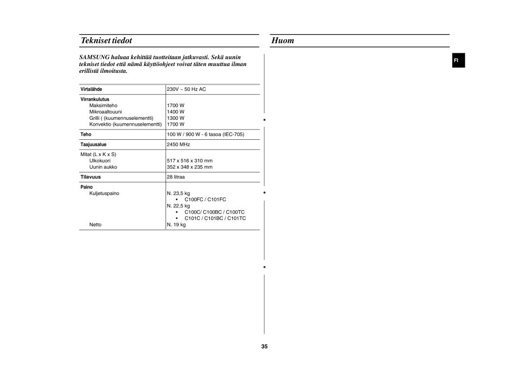 Samsung C100C-5/XEE, C100C-5S/XEE, C100C/XEE manual Tekniset tiedot Huom, Tilavuus 