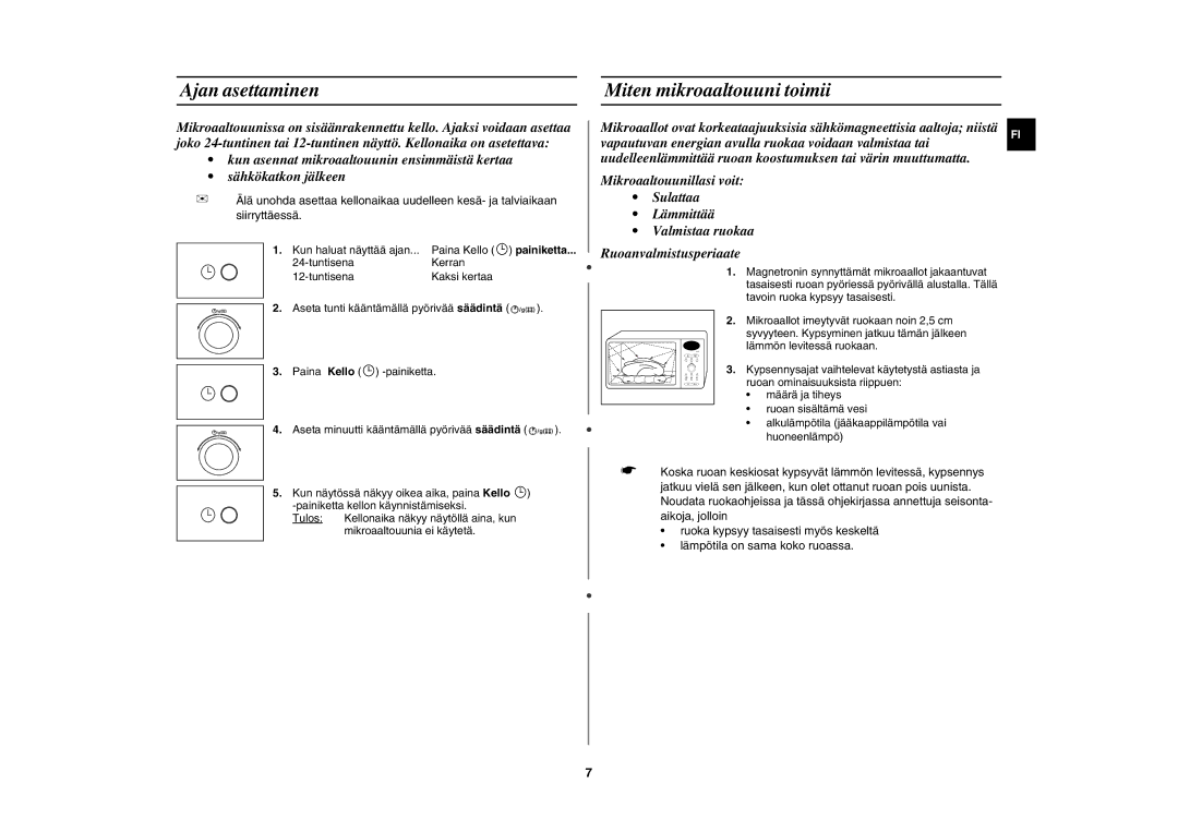 Samsung C100C/XEE, C100C-5S/XEE, C100C-5/XEE manual Ajan asettaminen Miten mikroaaltouuni toimii 