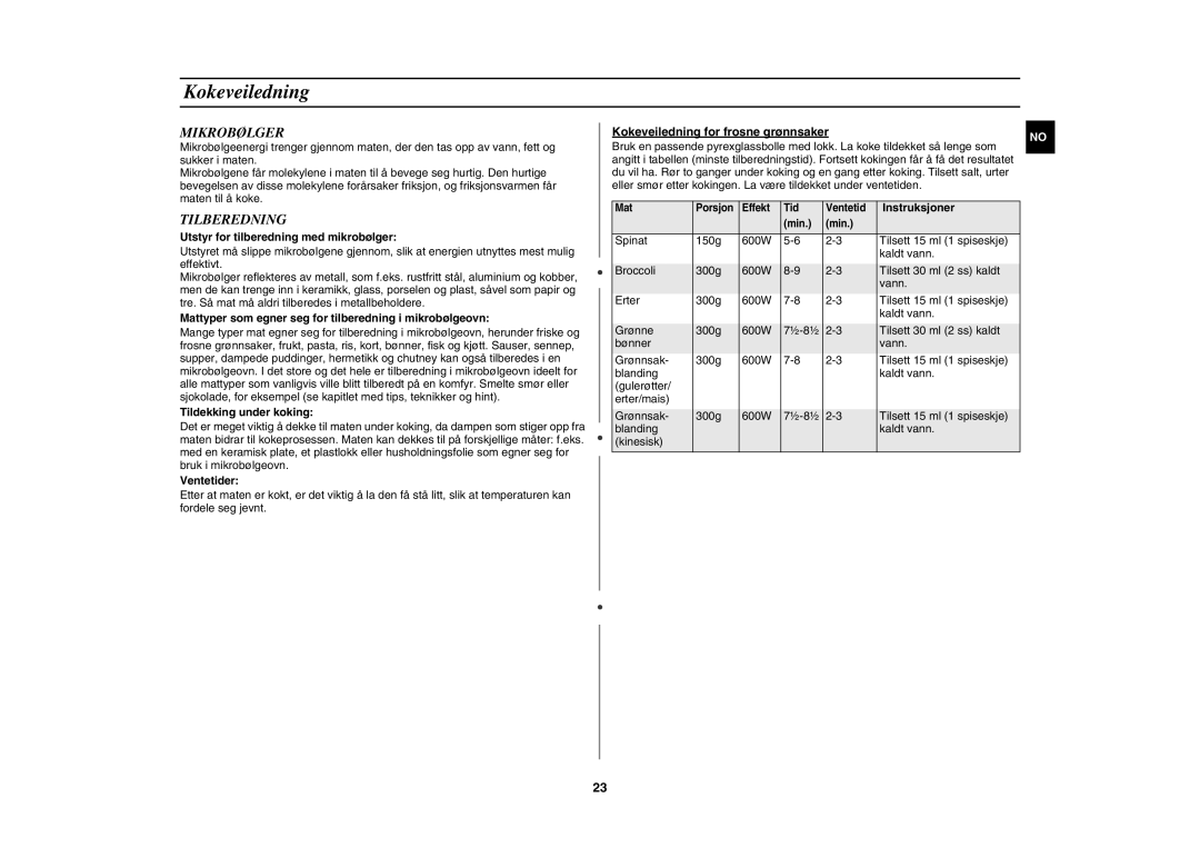 Samsung C100C-5/XEE, C100C-5S/XEE, C100C/XEE manual Kokeveiledning, Mikrobølger, Tilberedning 