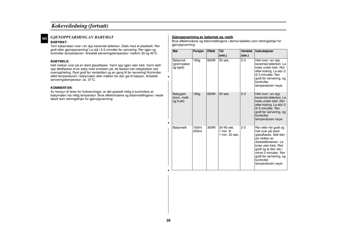 Samsung C100C-5/XEE, C100C-5S/XEE, C100C/XEE manual Gjenoppvarming AV Babymat, Gjenoppvarming av babymat og -melk 