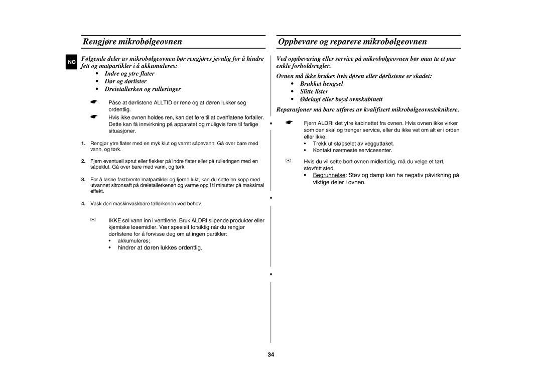 Samsung C100C/XEE, C100C-5S/XEE, C100C-5/XEE manual Rengjøre mikrobølgeovnen, Oppbevare og reparere mikrobølgeovnen 