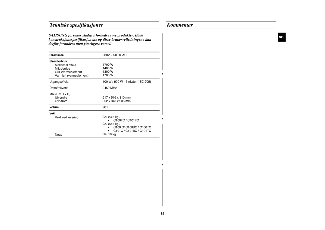 Samsung C100C-5/XEE, C100C-5S/XEE, C100C/XEE manual Tekniske spesifikasjoner Kommentar, Volum 