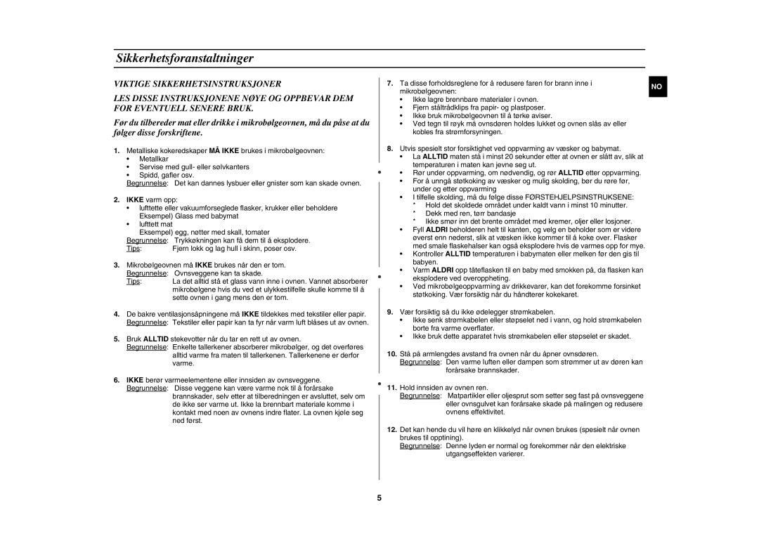 Samsung C100C-5/XEE, C100C-5S/XEE, C100C/XEE manual Sikkerhetsforanstaltninger 