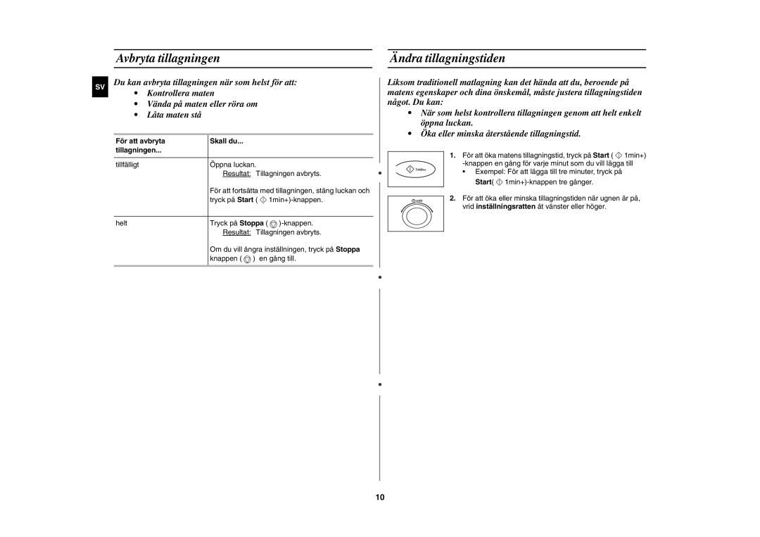 Samsung C100C/XEE, C100C-5S/XEE manual Avbryta tillagningen, Ändra tillagningstiden, För att avbryta Skall du Tillagningen 