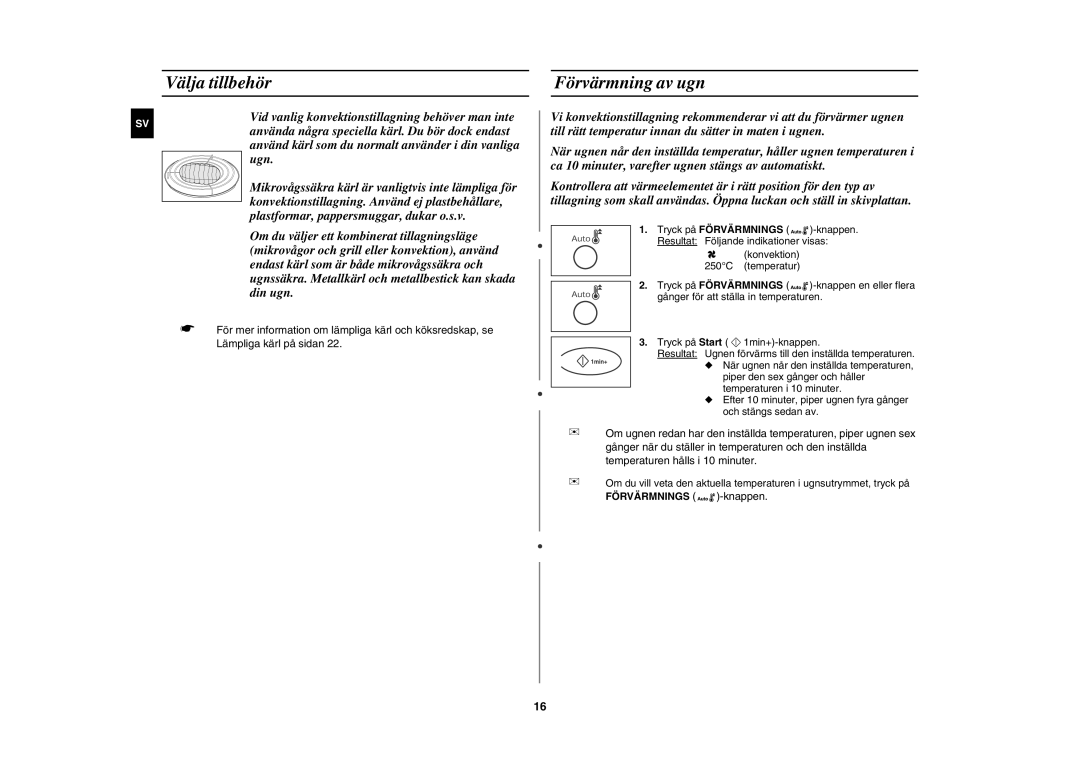 Samsung C100C/XEE, C100C-5S/XEE, C100C-5/XEE manual Välja tillbehör, Förvärmning av ugn 