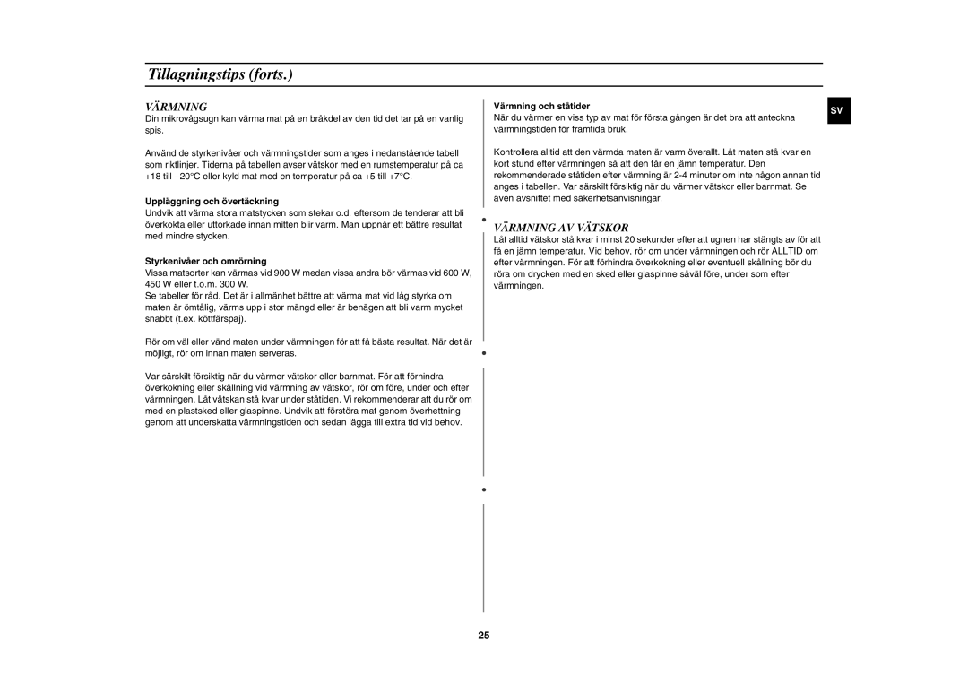 Samsung C100C/XEE, C100C-5S/XEE manual Värmning AV Vätskor, Uppläggning och övertäckning, Styrkenivåer och omrörning 