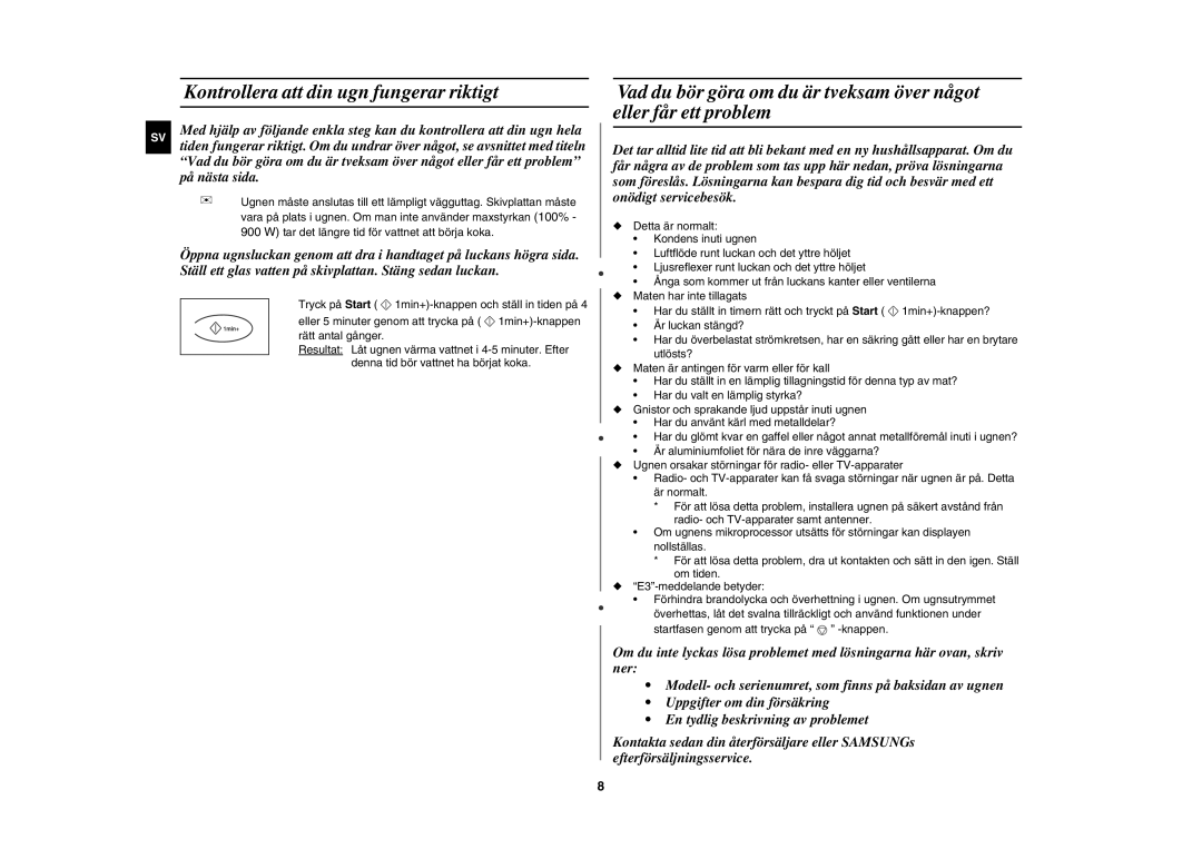 Samsung C100C-5/XEE, C100C-5S/XEE, C100C/XEE manual Kontrollera att din ugn fungerar riktigt 