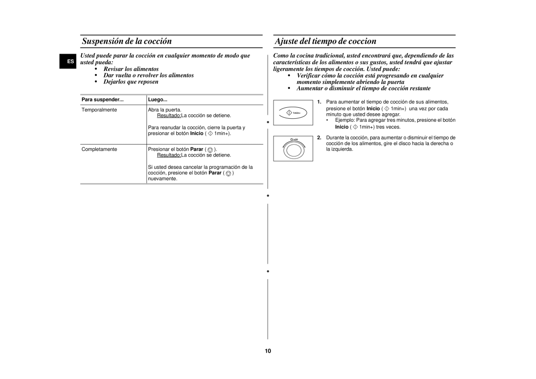 Samsung C100/XEC manual Suspensión de la cocción, Ajuste del tiempo de coccion, Para suspender Luego 