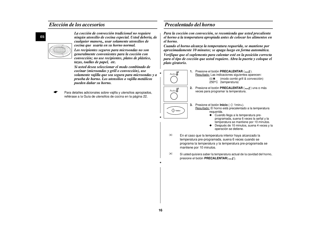 Samsung C100/XEC manual Elección de los accesorios, Precalentado del horno 