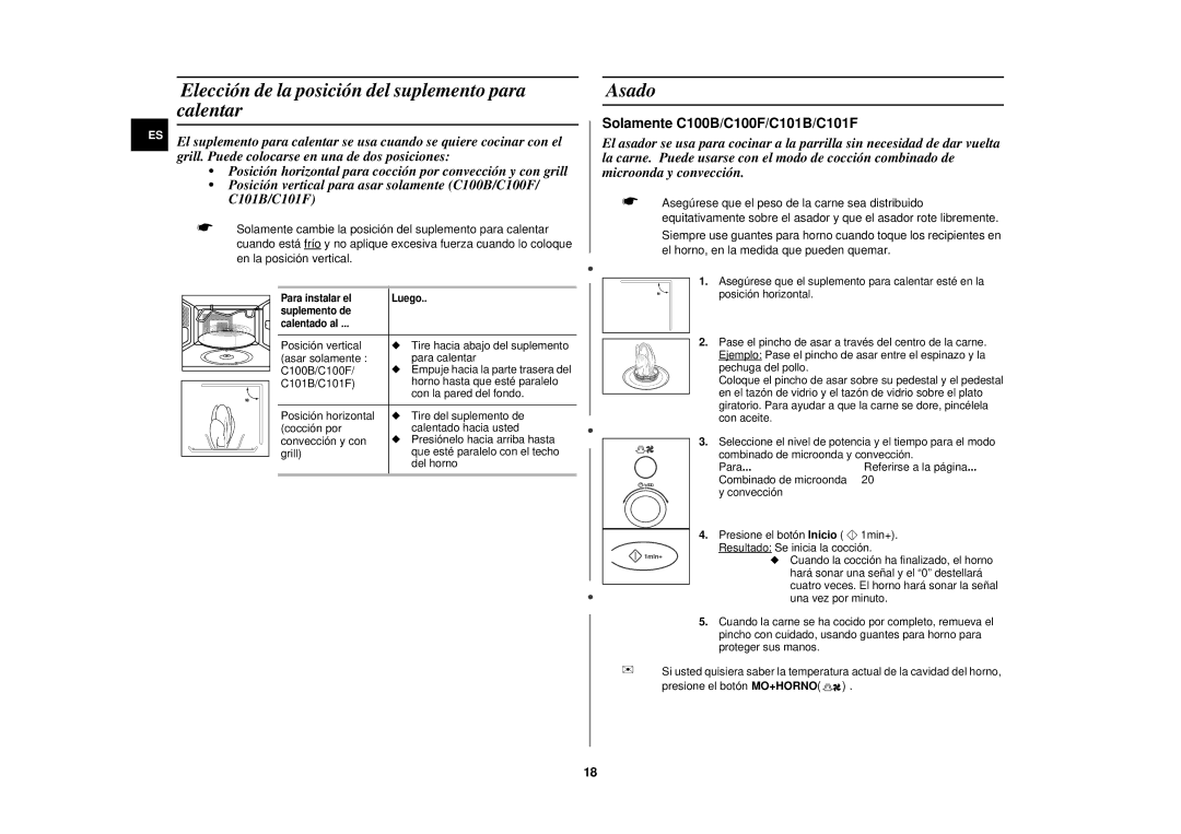 Samsung C100/XEC manual Elección de la posición del suplemento para calentar, Asado 