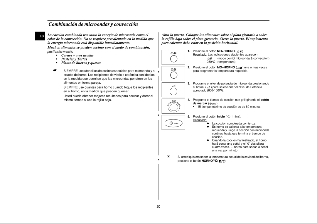 Samsung C100/XEC manual Combinación de microondas y convección 