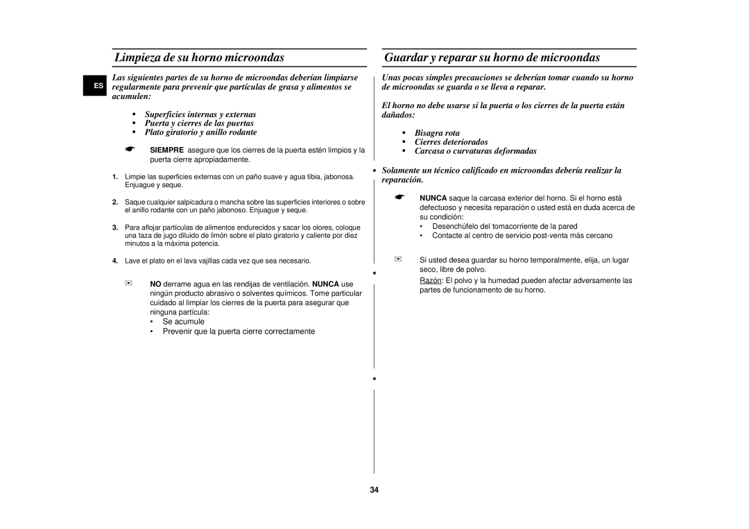 Samsung C100/XEC manual Limpieza de su horno microondas, Guardar y reparar su horno de microondas 