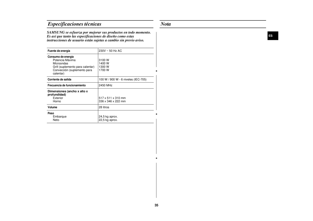 Samsung C100/XEC manual Especificaciones técnicas Nota, Dimensiones ancho x alto Profundidad 