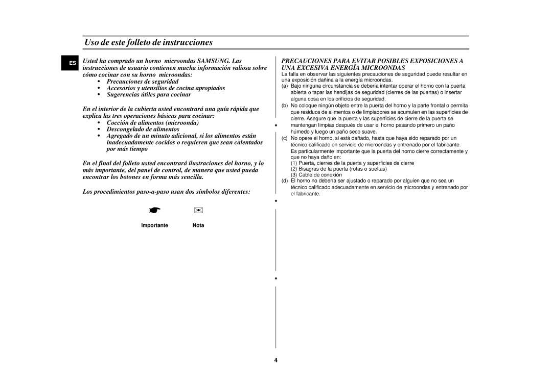 Samsung C100/XEC manual Uso de este folleto de instrucciones, ImportanteNota 