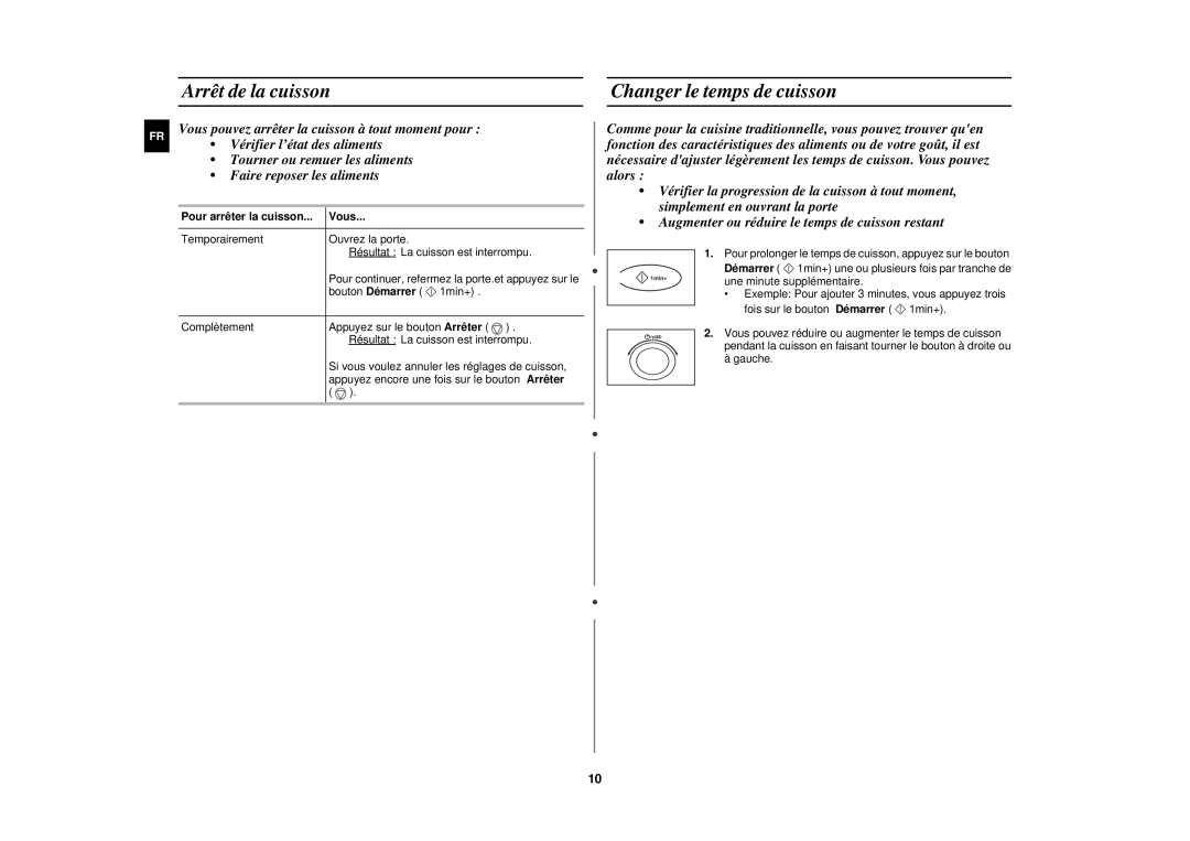 Samsung C100/XEF manual Arrêt de la cuisson, Changer le temps de cuisson, Pour arrêter la cuisson Vous 