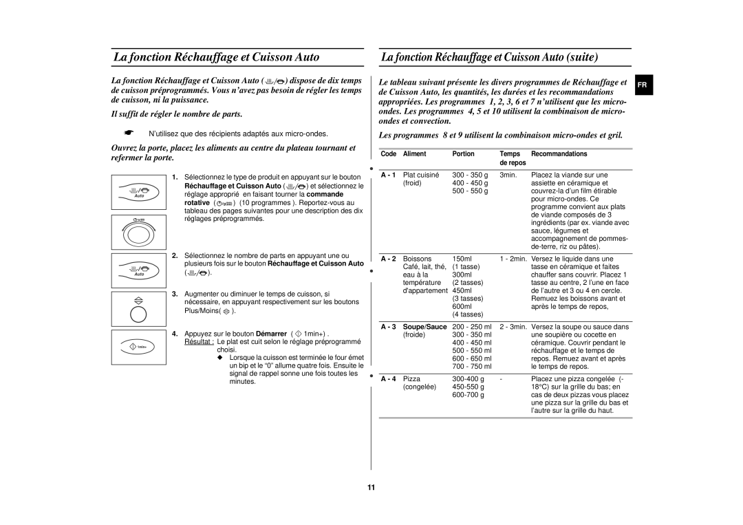 Samsung C100/XEF manual La fonction Réchauffage et Cuisson Auto suite 