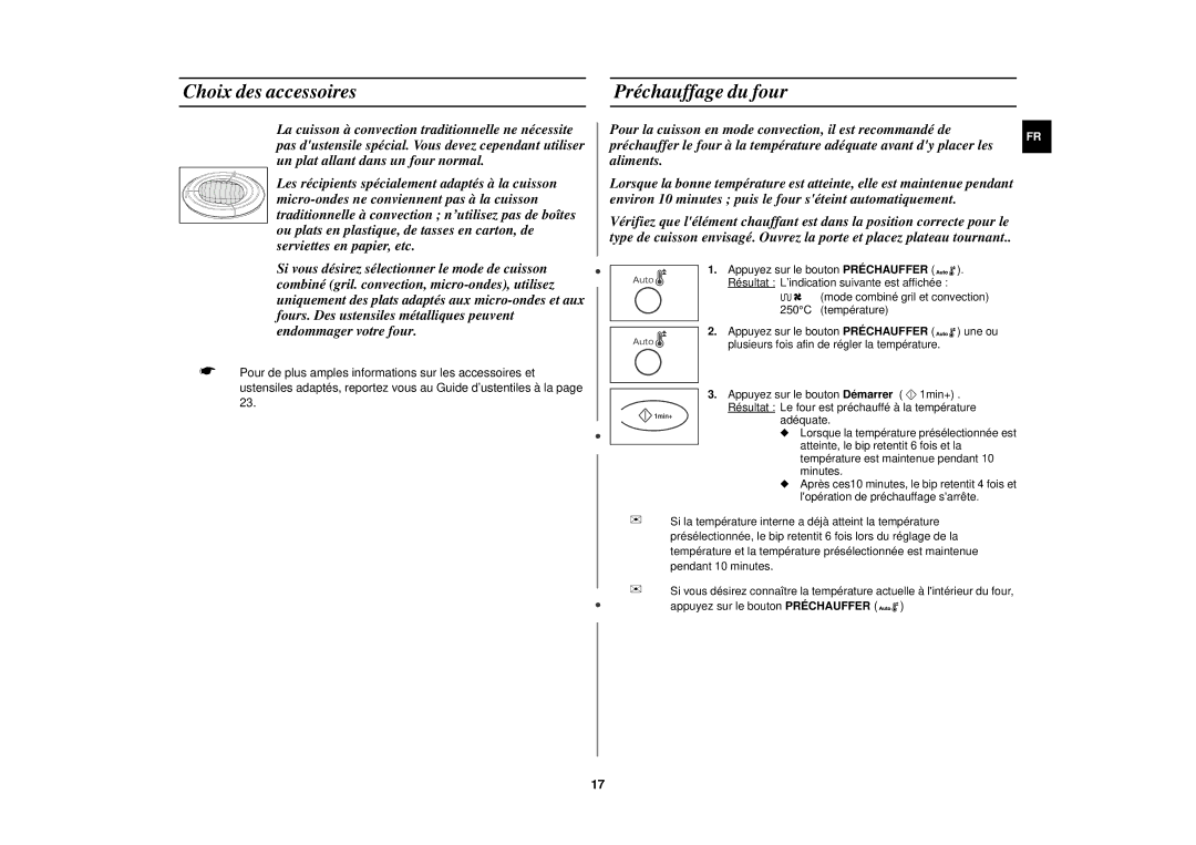 Samsung C100/XEF manual Choix des accessoires Préchauffage du four 