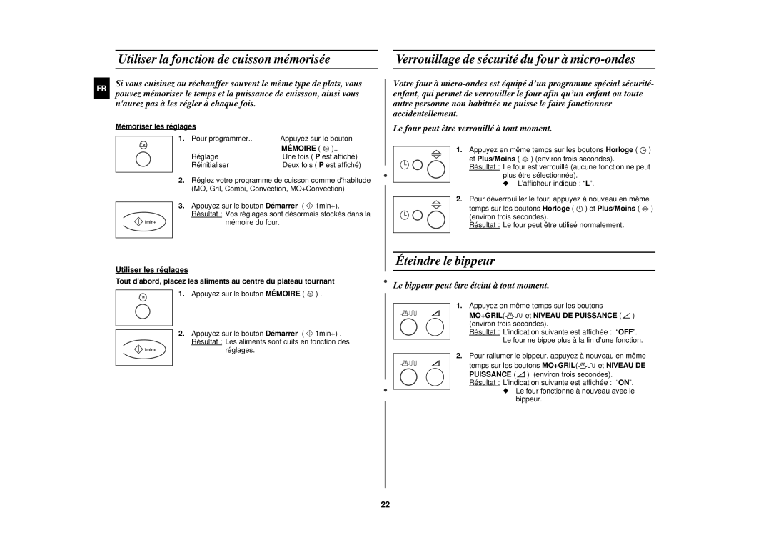 Samsung C100/XEF manual Utiliser la fonction de cuisson mémorisée, Verrouillage de sécurité du four à micro-ondes, Mémoire 