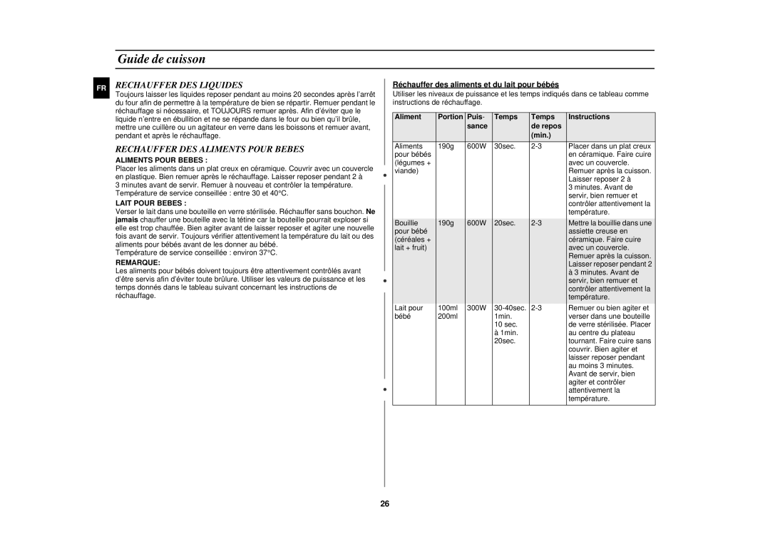 Samsung C100/XEF manual Rechauffer DES Liquides, Rechauffer DES Aliments Pour Bebes, Lait Pour Bebes, Remarque 