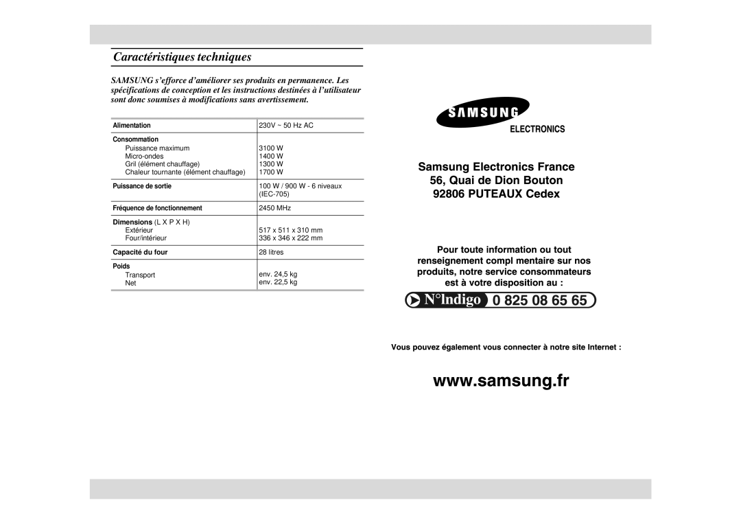 Samsung C100/XEF manual Caractéristiques techniques, Dimensions L X P X H, Capacité du four 