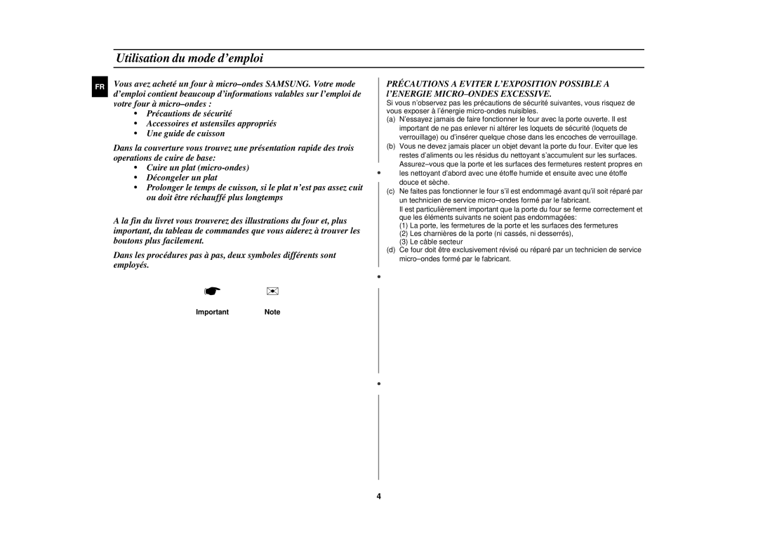 Samsung C100/XEF manual Utilisation du mode d’emploi, ImportantNote 