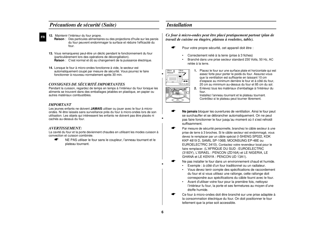 Samsung C100/XEF manual Précautions de sécurité Suite, Installation, Consignes DE Sécurité Importantes, Avertissement 