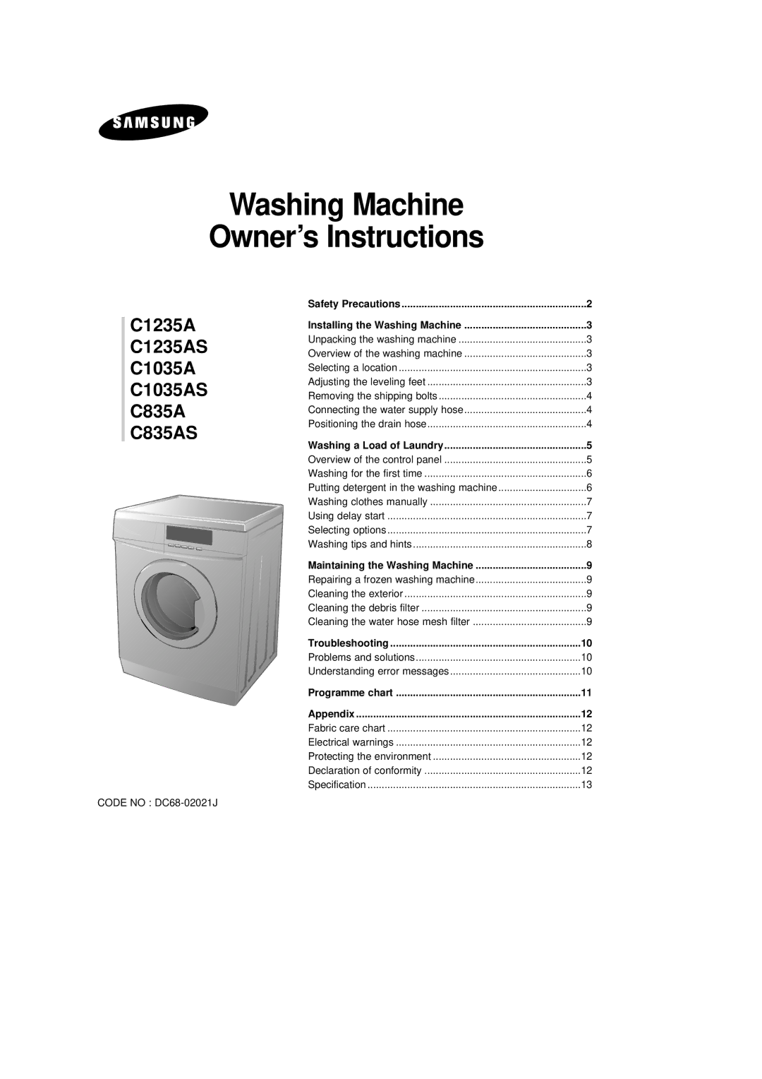 Samsung C1235AIS/YFQ, C1035AEW/XTL manual Washing Machine Owner’s Instructions 