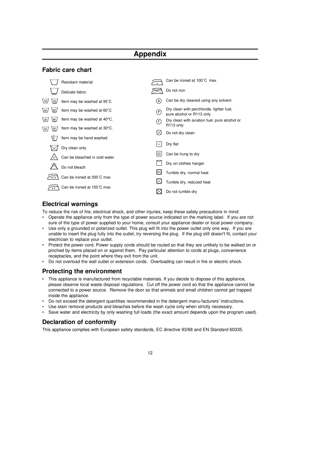 Samsung C1035AEW/XTL, C1235AIS/YFQ manual Appendix, Fabric care chart, Electrical warnings, Protecting the environment 