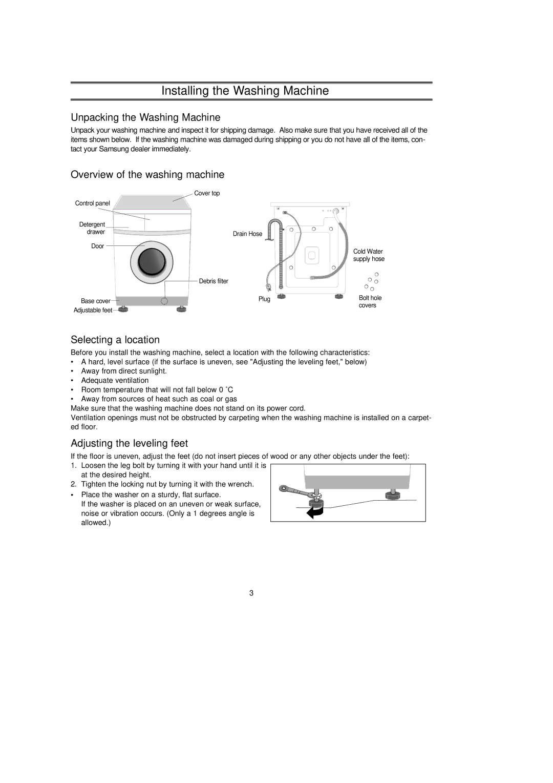 Samsung C1235AIS/YFQ manual Installing the Washing Machine, Unpacking the Washing Machine, Overview of the washing machine 