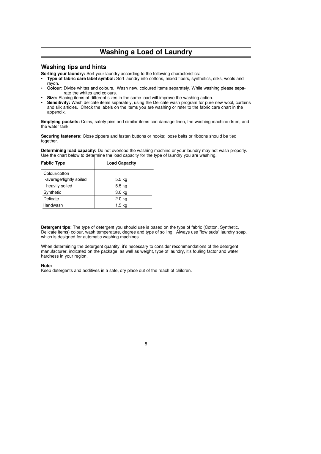 Samsung C1035AEW/XTL, C1235AIS/YFQ manual Washing tips and hints, Fabfic Type Load Capacity 