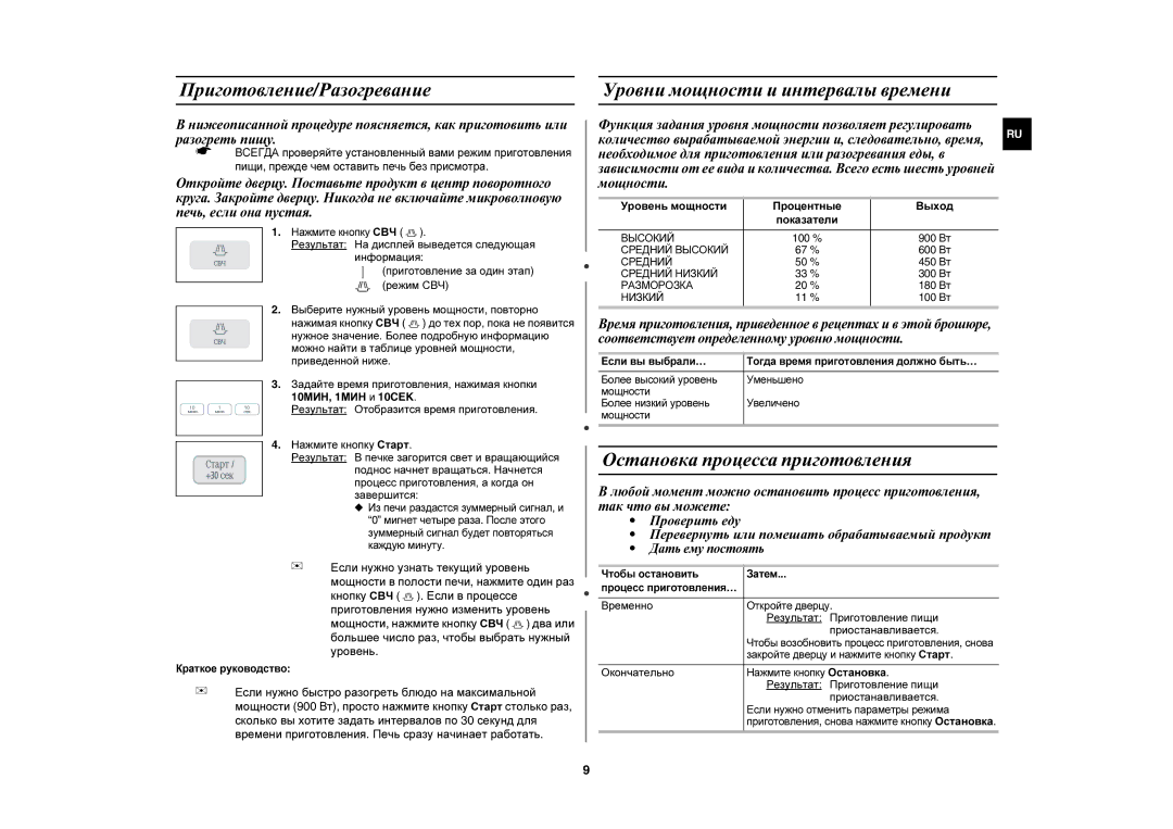 Samsung C103R-5/BWT Приготовление/Разогревание, Уровни мощности и интервалы времени, Остановка процесса приготовления 