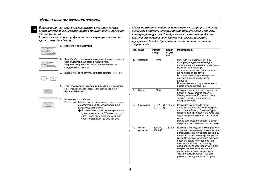 Samsung C103R-5D/BWT manual Использование функции закуски, Больше/Меньше Нажмите кнопку Старт 