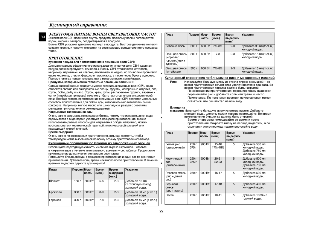 Samsung C103R-5D/BWT manual Кулинарный справочник, Электромагнитные Волны Сверхвысоких Частот, Приготовление, Блюдо из 