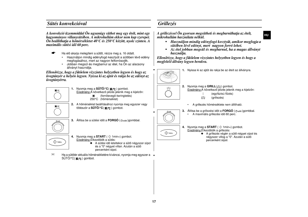 Samsung C104F-5/XEH manual Sütés konvekcióval Grillezés 