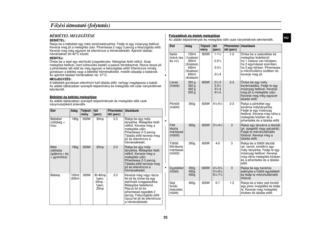 Samsung C104F-5/XEH manual Bébiétel Melegítése, Bébitej, Megjegyzés 