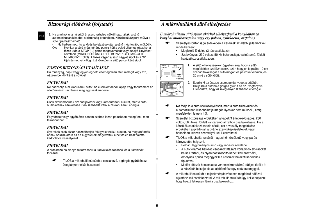 Samsung C104F-5/XEH manual Biztonsági el őírások folytatás, Mikrohullámú süt ő elhelyezése, Fontos Biztonsági Utasítások 