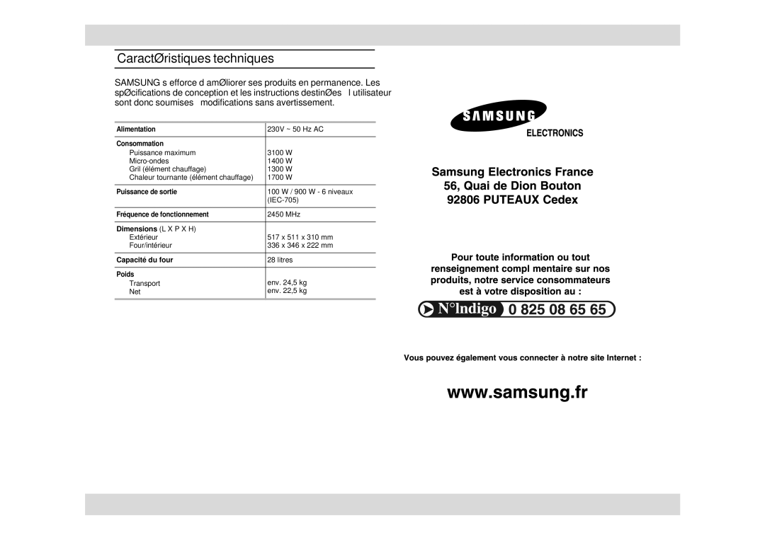 Samsung C104F/XEF, C104F-SL/XEF, C101/XEF manual Caractéristiques techniques, Dimensions L X P X H, Capacité du four 