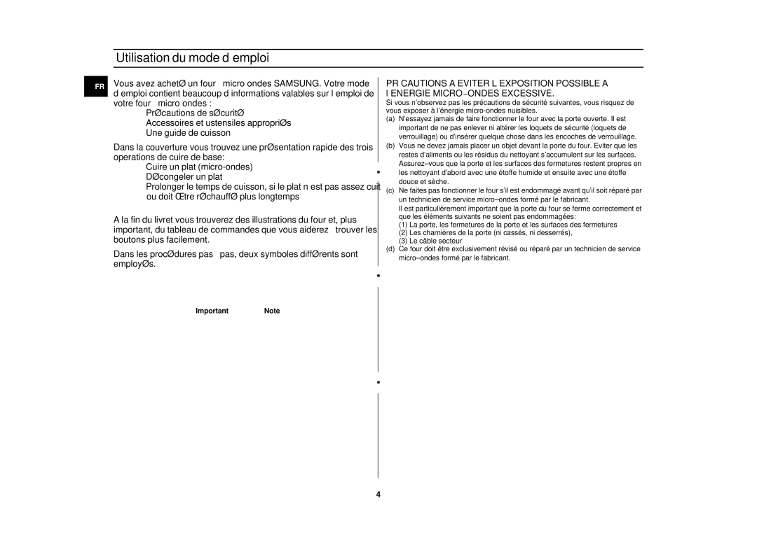 Samsung C104F-SL/XEF, C104F/XEF, C101/XEF manual Utilisation du mode d’emploi, ImportantNote 