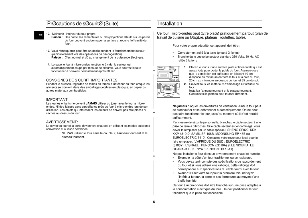 Samsung C104F/XEF, C101/XEF Précautions de sécurité Suite, Installation, Consignes DE Sécurité Importantes, Avertissement 