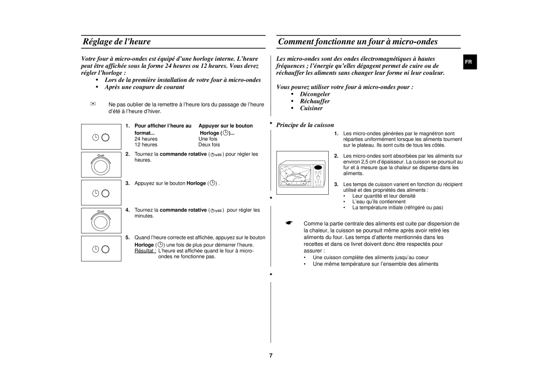 Samsung C104F-SL/XEF Réglage de lheure Comment fonctionne un four à micro-ondes, Pour afficher l’heure au, Format Horloge 