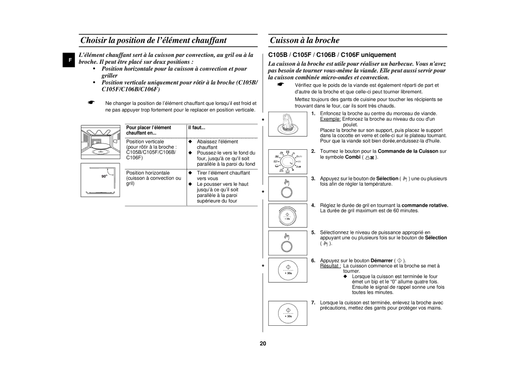 Samsung C105-5SL/XEN, C105-5/XEN manual Choisir la position de l’élément chauffant, Cuisson à la broche, Il faut 