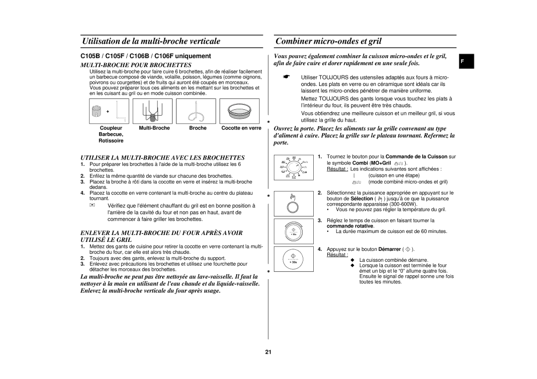 Samsung C105-5/XEN Utilisation de la multi-broche verticale, Combiner micro-ondes et gril, MULTI-BROCHE Pour Brochettes 