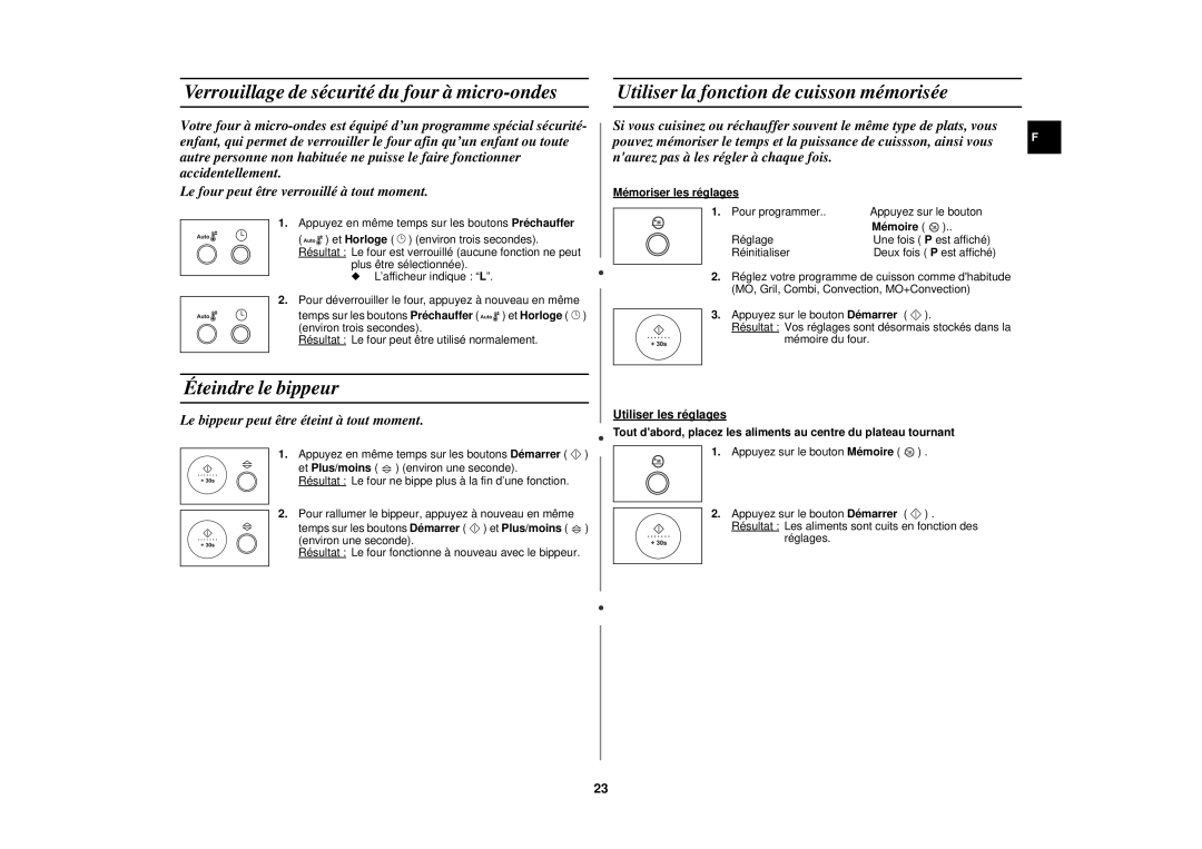 Samsung C105-5/XEN Verrouillage de sécurité du four à micro-ondes, Éteindre le bippeur, Mémoriser les réglages, Mémoire 